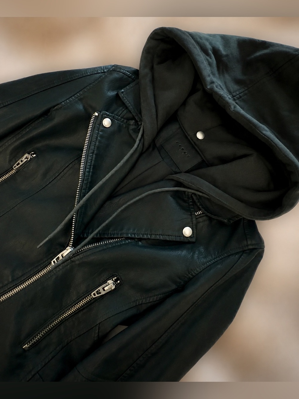 BLANKNYC Dark Green Faux Leather Hooded Moto Jacket XS